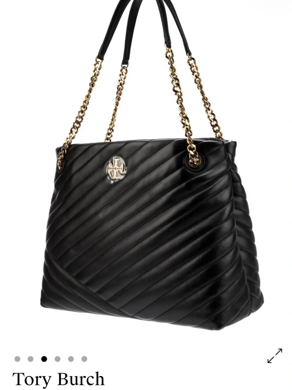 Tory Burch Kira Chevron Black Quilted Leather Shoulder Tote with Gold Chain